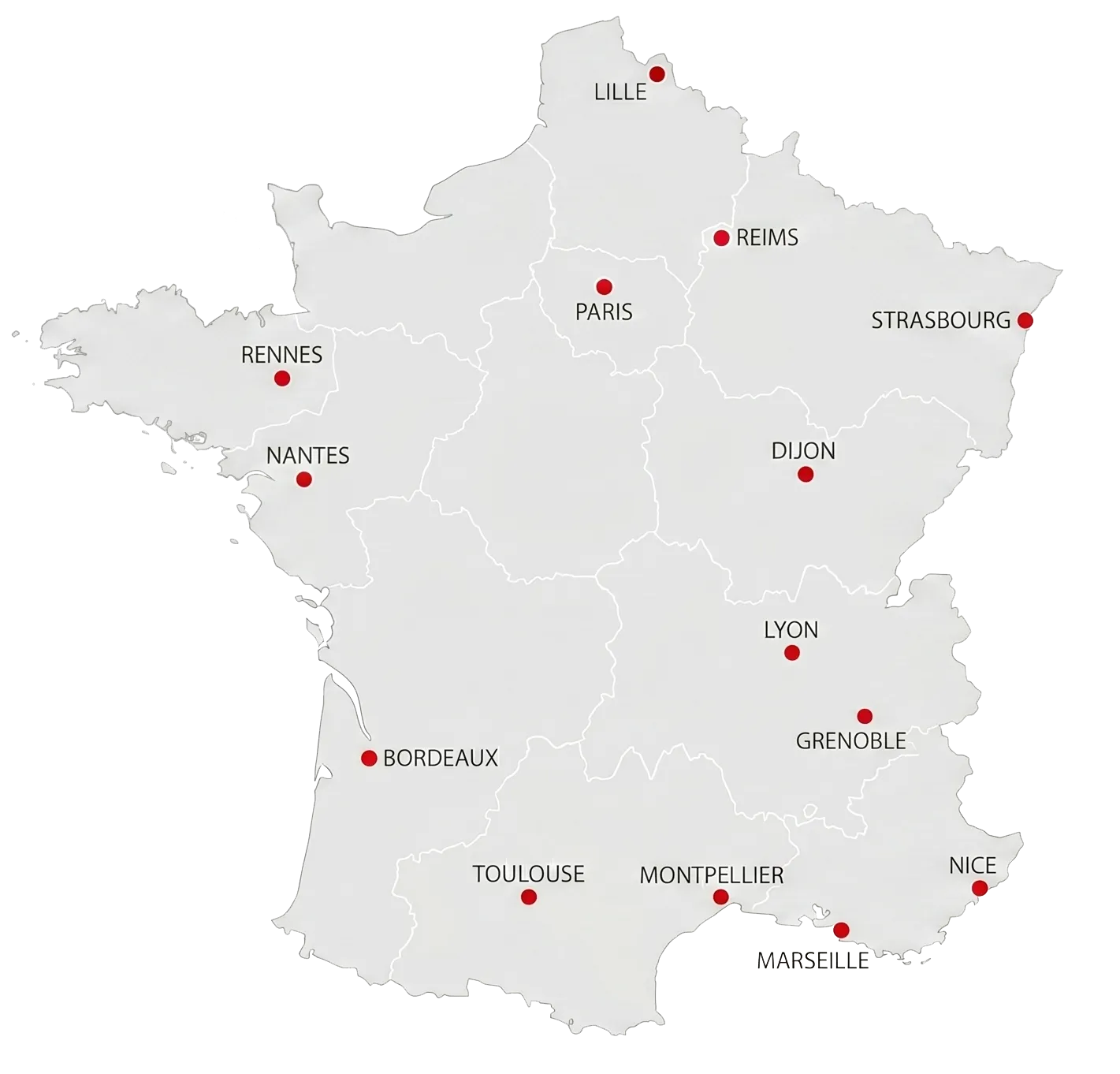 Carte de France grise affichant les points de vente Mobilift marqués par des points rouges dans les grandes villes comme Paris, Lyon, Marseille, Bordeaux, Lille, et Nantes.